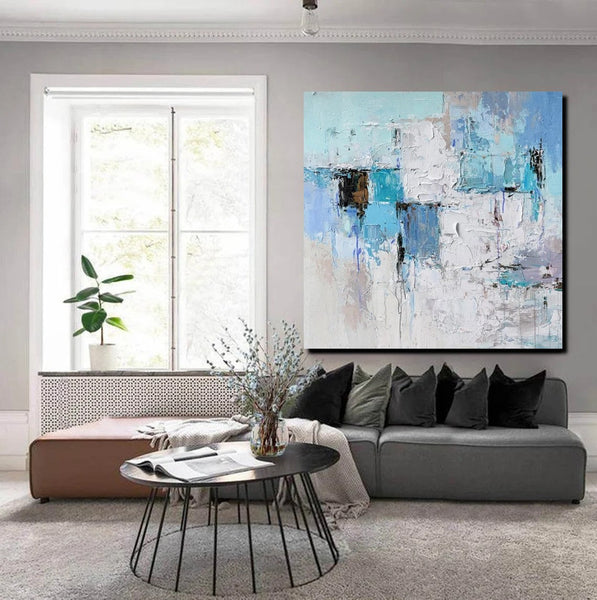 Simple Modern Paintings, Bedroom Abstract Paintings, Blue Abstract Contemporary Art, Acrylic Painting on Canvas, Hand Painted Canvas Art-Silvia Home Craft