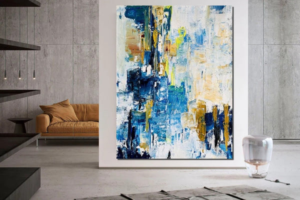 Living Room Abstract Paintings, Blue Modern Abstract Painting, Large Acrylic Canvas Paintings, Large Wall Art Ideas, Impasto Painting-Silvia Home Craft