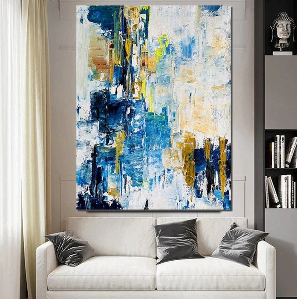 Living Room Abstract Paintings, Blue Modern Abstract Painting, Large Acrylic Canvas Paintings, Large Wall Art Ideas, Impasto Painting-Silvia Home Craft