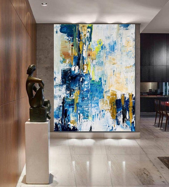 Living Room Abstract Paintings, Blue Modern Abstract Painting, Large Acrylic Canvas Paintings, Large Wall Art Ideas, Impasto Painting-Silvia Home Craft