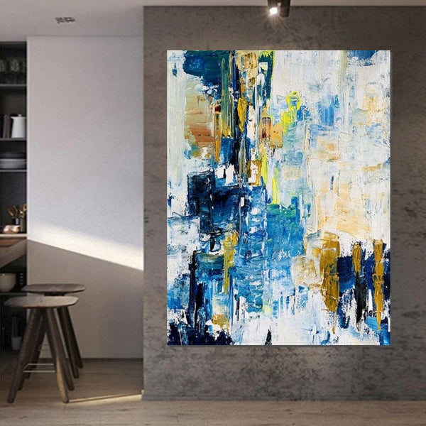 Living Room Abstract Paintings, Blue Modern Abstract Painting, Large Acrylic Canvas Paintings, Large Wall Art Ideas, Impasto Painting-Silvia Home Craft