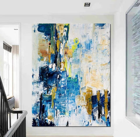 Living Room Abstract Paintings, Blue Modern Abstract Painting, Large Acrylic Canvas Paintings, Large Wall Art Ideas, Impasto Painting-Silvia Home Craft