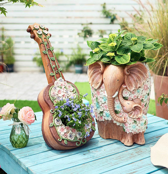 Modern Garden Flower Pot, Unique Guitar Flowerpot for Garden Ornaments, Beautiful Guitar Flowerpot, Villa Outdoor Decor Gardening Ideas-Silvia Home Craft