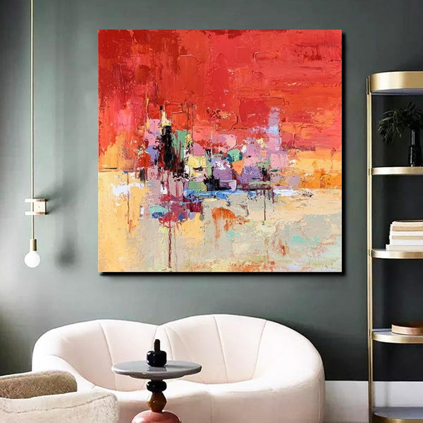 Simple Canvas Paintings, Dining Room Modern Paintings, Red Abstract Contemporary Art, Acrylic Painting on Canvas, Heavy Texture Paintings-Silvia Home Craft
