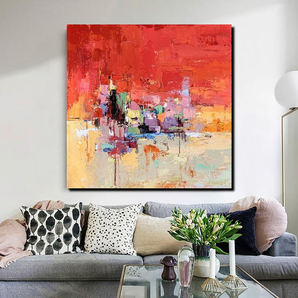 Simple Canvas Paintings, Dining Room Modern Paintings, Red Abstract Contemporary Art, Acrylic Painting on Canvas, Heavy Texture Paintings-Silvia Home Craft