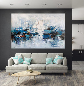 Large Wall Art Paintings Behind Sofa, Acrylic Paintings on Canvas, Acrylic Painting for Bedroom, Blue Modern Paintings, Heavy Texture Canvas Art-Silvia Home Craft