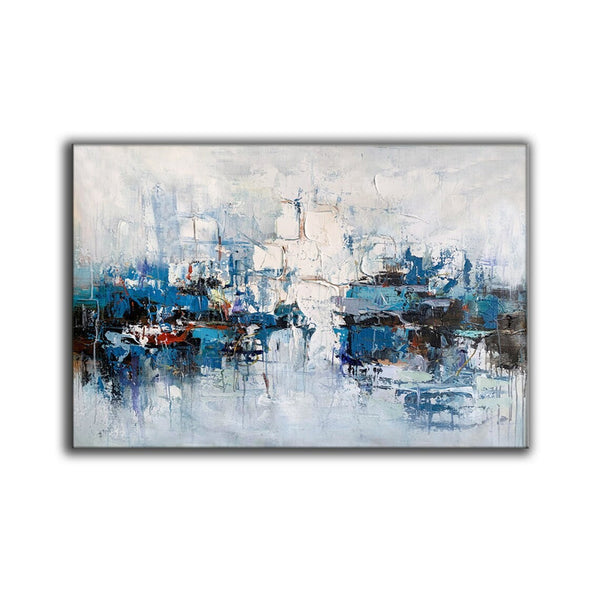 Large Wall Art Paintings Behind Sofa, Acrylic Paintings on Canvas, Acrylic Painting for Bedroom, Blue Modern Paintings, Heavy Texture Canvas Art-Silvia Home Craft