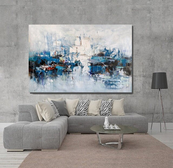 Large Wall Art Paintings Behind Sofa, Acrylic Paintings on Canvas, Acrylic Painting for Bedroom, Blue Modern Paintings, Heavy Texture Canvas Art-Silvia Home Craft