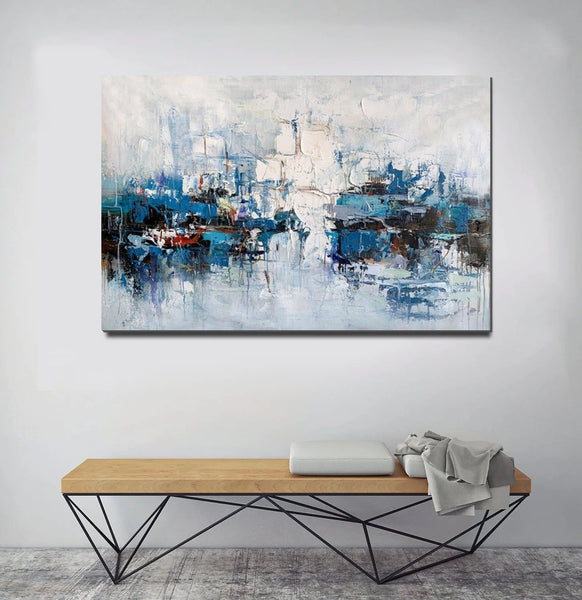 Large Wall Art Paintings Behind Sofa, Acrylic Paintings on Canvas, Acrylic Painting for Bedroom, Blue Modern Paintings, Heavy Texture Canvas Art-Silvia Home Craft