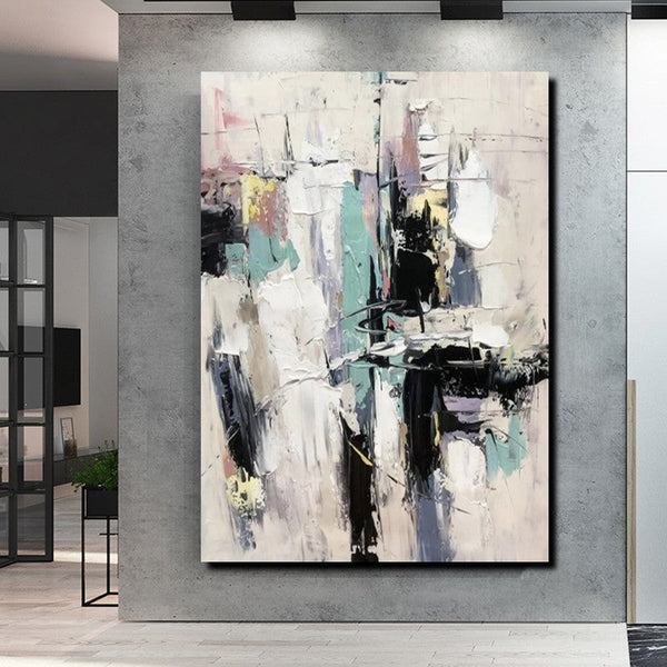 Contemporary Modern Art, Living Room Abstract Art Ideas, Black and White Impasto Paintings, Buy Wall Art Online, Palette Knife Abstract Paintings-Silvia Home Craft