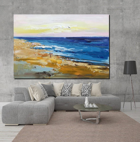 Large Paintings Behind Sofa, Landscape Painting for Living Room, Acrylic Paintings on Canvas, Heavy Texture Painting, Seashore Beach Painting-Silvia Home Craft