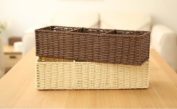 Woven Straw Storage basket with 3 Compartments, Wicker Storage Basket, Rectangle Storage Basket for Living Room-Silvia Home Craft