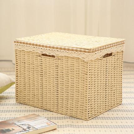 Large Deep Brown / Cream Color Woven Straw basket with Cover, Storage Basket for Toys, Rectangle Storage Basket, Storage Basket for Clothes-Silvia Home Craft