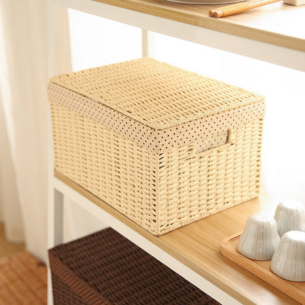Storage Basket for Toys, Deep Brown / Cream Color Woven Straw basket with Cover, Rectangle Storage Basket for Clothes, Bedroom Storage Baskets-Silvia Home Craft