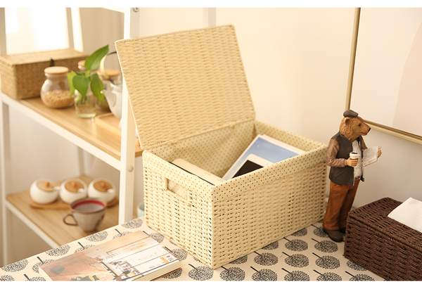 Storage Basket for Toys, Deep Brown / Cream Color Woven Straw basket with Cover, Rectangle Storage Basket for Clothes, Bedroom Storage Baskets-Silvia Home Craft