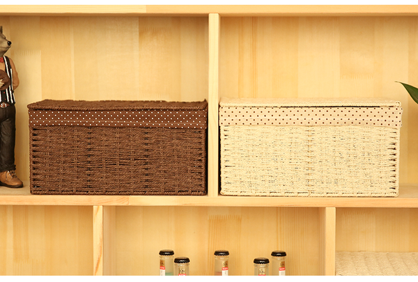 Storage Basket for Toys, Deep Brown / Cream Color Woven Straw basket with Cover, Rectangle Storage Basket for Clothes, Bedroom Storage Baskets-Silvia Home Craft