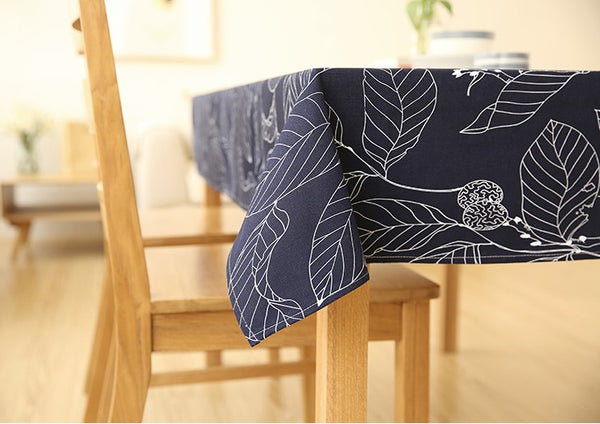 Brown / Navy Blue Leaves Rectangle and Round Tablecloth for Dining Table, Tea Table-Silvia Home Craft
