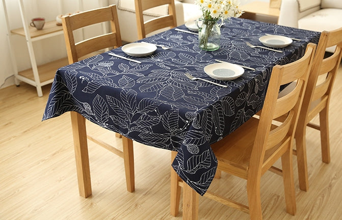 Brown / Navy Blue Leaves Rectangle and Round Tablecloth for Dining Table, Tea Table-Silvia Home Craft