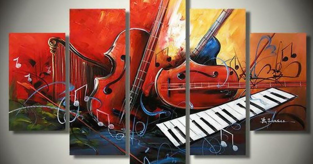 Music Abstract Painting, Electronic Organ Painting, Violin Painting, Harp, 5 Piece Abstract Painting-Silvia Home Craft