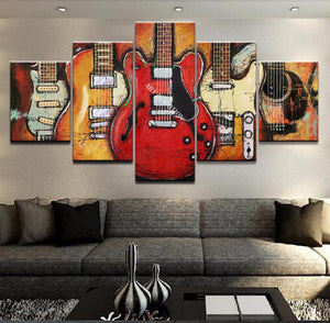5 Piece Abstract Painting, Guitar Painting, Large Paintings for Living Room, Modern Abstract Painting, Musical Instrument Painting-Silvia Home Craft