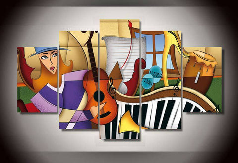 Girl Playing Guitar Painting, Electronic organ, Dulcimer, Tambourine Painting, 5 Piece Abstract Art, Musical Instrument Painting-Silvia Home Craft