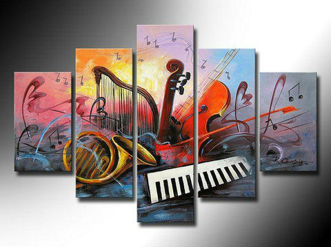 Music Painting, Modern Paintings for Living Room, Abstract Acrylic Painting, Violin, Saxophone, Harp, 5 Piece Abstract Wall Art Paintings-Silvia Home Craft