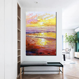 Canvas Paintings for Bedroom, Large Paintings on Canvas, Landscape Painting for Living Room, Sunrise Seashore Painting, Heavy Texture Paintings-Silvia Home Craft