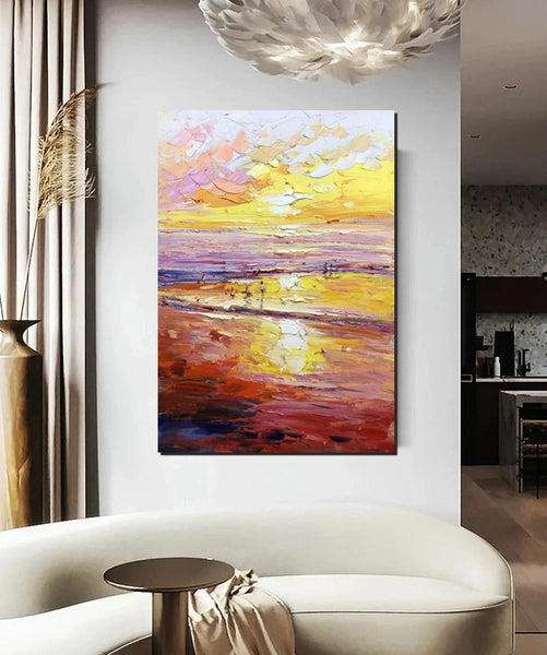 Canvas Paintings for Bedroom, Large Paintings on Canvas, Landscape Painting for Living Room, Sunrise Seashore Painting, Heavy Texture Paintings-Silvia Home Craft