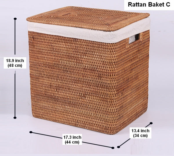 Rectangular Storage Baskets, Large Brown Rattan Storage Baskets, Storage Baskets for Bathroom, Storage Basket with Lid, Storage Baskets for Clothes-Silvia Home Craft