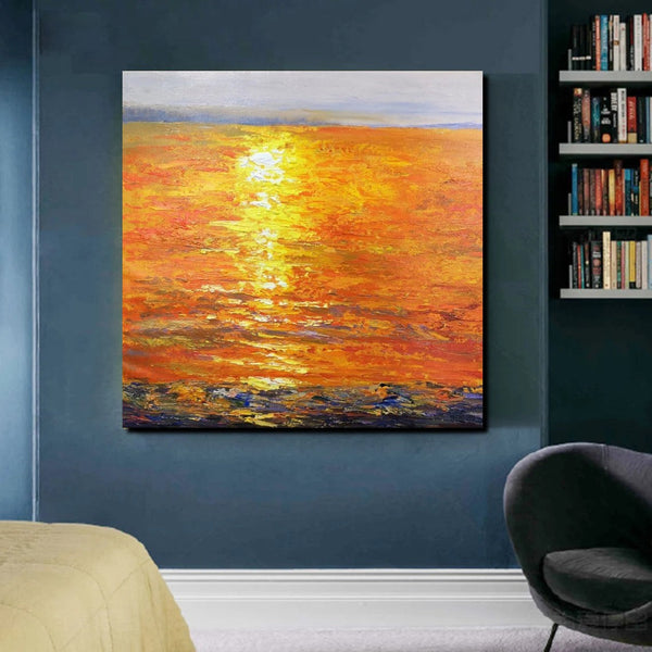 Landscape Acrylic Paintings, Sunrise Seascape Painting, Modern Wall Art Paintings, Heavy Texture Painting, Large Painting Behind Sofa-Silvia Home Craft