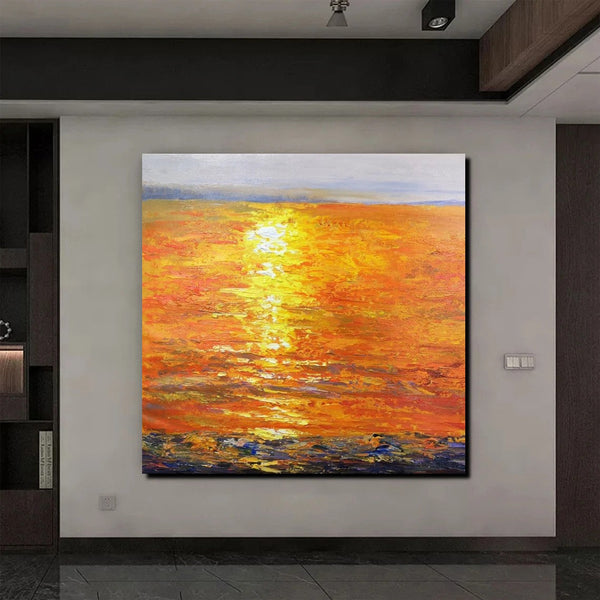Landscape Acrylic Paintings, Sunrise Seascape Painting, Modern Wall Art Paintings, Heavy Texture Painting, Large Painting Behind Sofa-Silvia Home Craft
