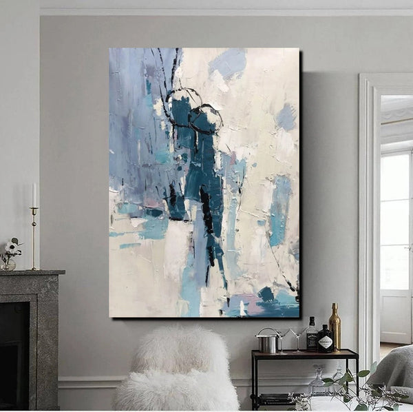 Living Room Abstract Paintings, Hand Painted Canvas Paintings, Large Wall Art Ideas, Heavy Texture Painting, Blue Modern Abstract Painting-Silvia Home Craft