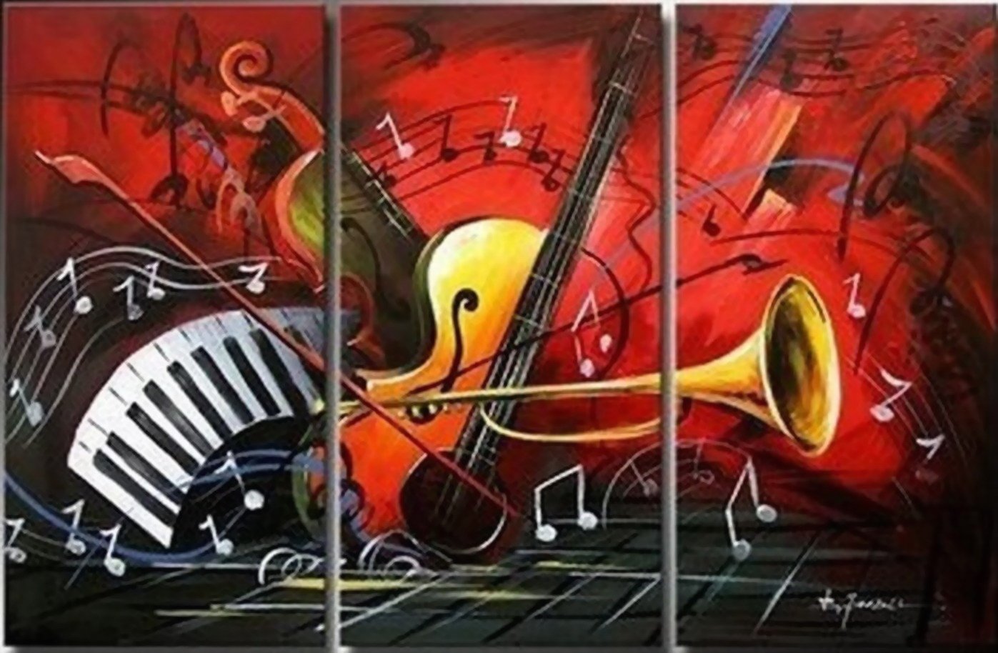 Abstract Art, Red Abstract Painting, Bedroom Wall Art, Violin, Horn, Guitar Painting, Extra Large Painting-Silvia Home Craft