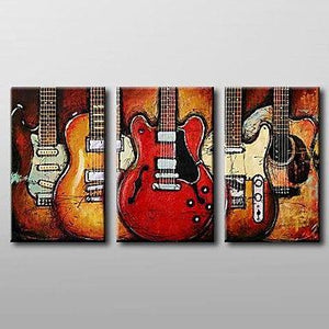 Modern Abstract Painting, 3 Piece Canvas Art, Red Abstract Painting, Electric Guitar Painting, Canvas Painting for Living Room-Silvia Home Craft