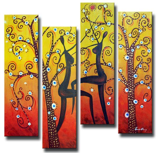 Tree of Life Painting, African Girl Painting, 4 Piece Canvas Paintings, Abstract Figure Art, Abstract Wall Art Paintings-Silvia Home Craft