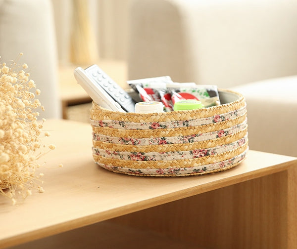 Set of 2, Round Woven Straw Basket with Lining, Storage Basket, Round Basket-Silvia Home Craft