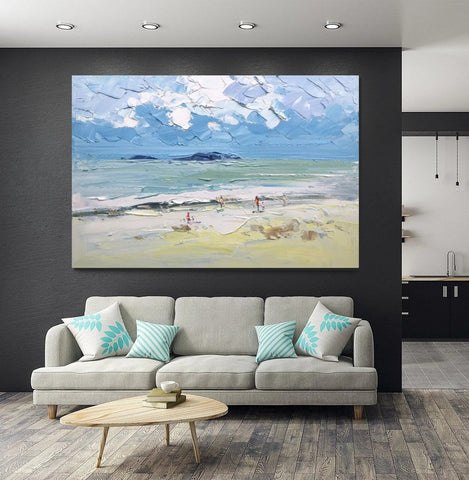 Seashore Beach Paintings, Living Room Canvas Art Ideas, Contemporary Abstract Art for Bedroom, Large Landscape Painting, Simple Modern Art-Silvia Home Craft