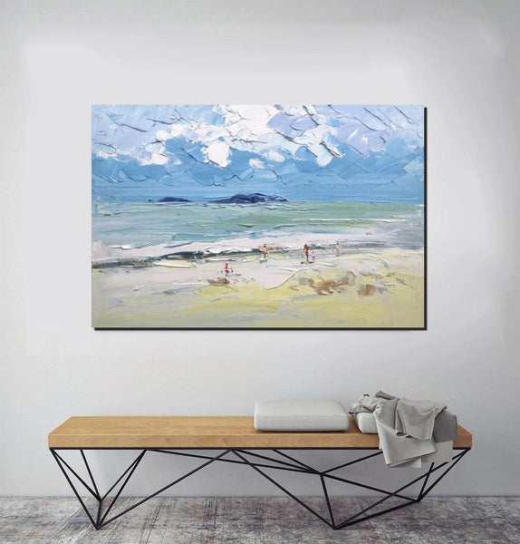 Seashore Beach Paintings, Living Room Canvas Art Ideas, Contemporary Abstract Art for Bedroom, Large Landscape Painting, Simple Modern Art-Silvia Home Craft