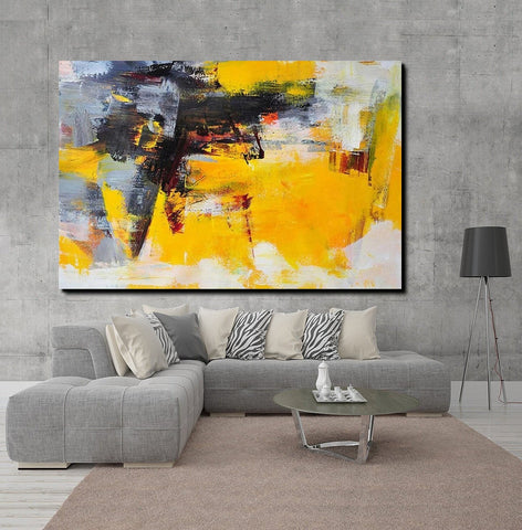 Living Room Modern Paintings, Yellow Acylic Abstract Paintings, Large Painting Behind Sofa, Buy Abstract Painting Online, Simple Modern Art-Silvia Home Craft