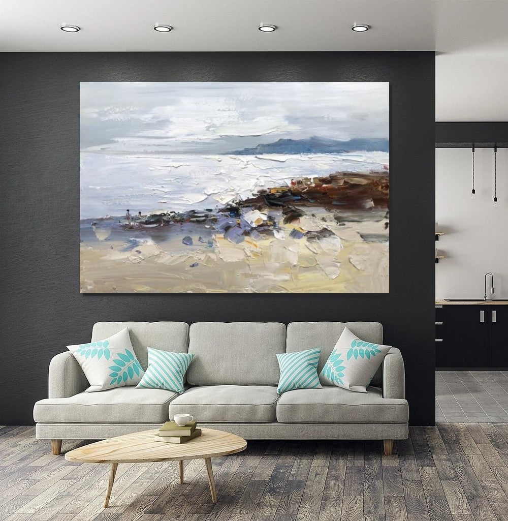 Landscape Paintings for Living Room, Landscape Canvas Paintings, Abstract Landscape Paintings, Seashore Beach paintings, Heavy Texture Canvas Art-Silvia Home Craft