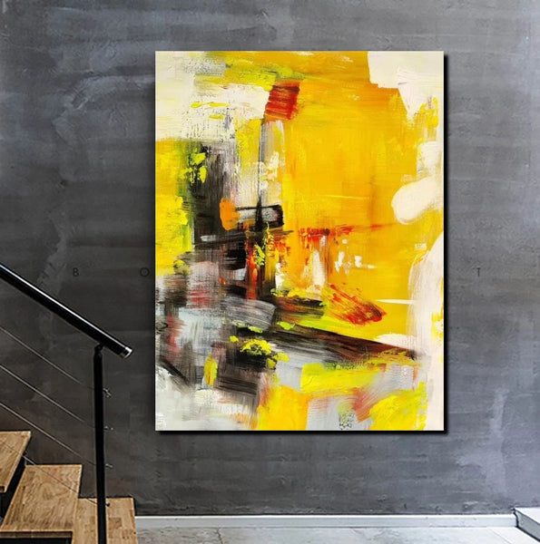 Large Canvas Paintings Behind Sofa, Acrylic Painting for Living Room, Yellow Contemporary Modern Art, Buy Large Paintings Online-Silvia Home Craft