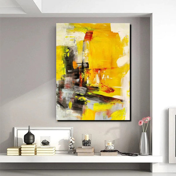 Large Canvas Paintings Behind Sofa, Acrylic Painting for Living Room, Yellow Contemporary Modern Art, Buy Large Paintings Online-Silvia Home Craft