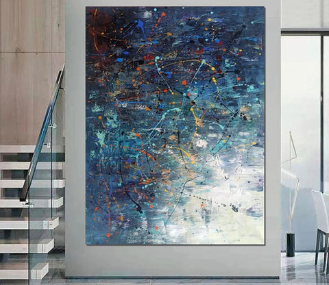 Extra Large Paintings for Living Room, Hand Painted Wall Art Paintings, Blue Abstract Acrylic Painting, Modern Abstract Art for Dining Room-Silvia Home Craft