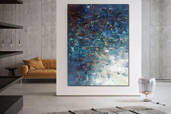 Extra Large Paintings for Living Room, Hand Painted Wall Art Paintings, Blue Abstract Acrylic Painting, Modern Abstract Art for Dining Room-Silvia Home Craft