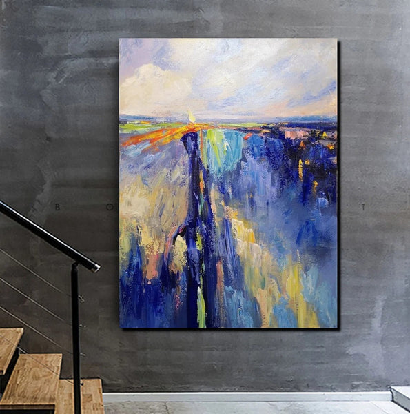 Acrylic Paintings on Canvas, Large Paintings Behind Sofa, Acrylic Painting for Bedroom, Blue Modern Paintings, Buy Paintings Online-Silvia Home Craft