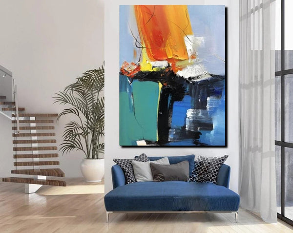 Acrylic Paintings on Canvas, Large Paintings Behind Sofa, Abstract Painting for Living Room, Blue Modern Paintings, Palette Knife Paintings-Silvia Home Craft