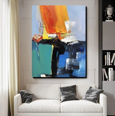 Acrylic Paintings on Canvas, Large Paintings Behind Sofa, Abstract Painting for Living Room, Blue Modern Paintings, Palette Knife Paintings-Silvia Home Craft