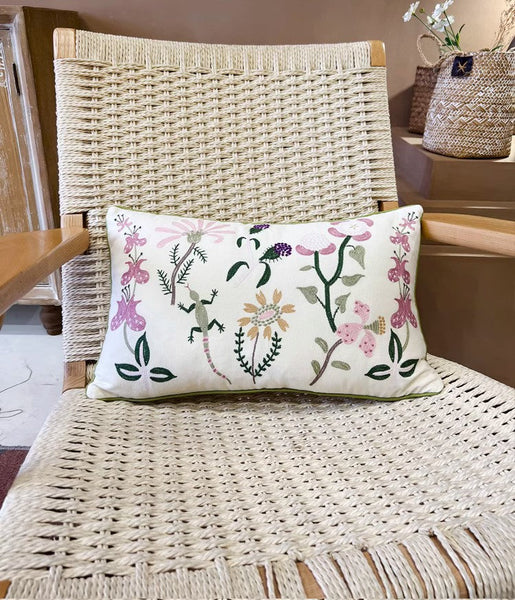 Embroider Flower Cotton Pillow Covers, Spring Flower Decorative Throw Pillows, Farmhouse Sofa Decorative Pillows, Flower Decorative Throw Pillows for Couch-Silvia Home Craft