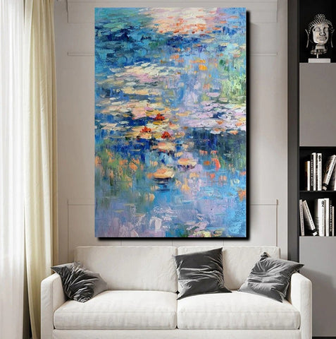 Acrylic Paintings on Canvas, Large Paintings for Bedroom, Landscape Painting for Living Room, Water Lily Paintings, Palette Knife Paintings-Silvia Home Craft