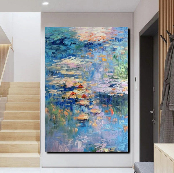 Acrylic Paintings on Canvas, Large Paintings for Bedroom, Landscape Painting for Living Room, Water Lily Paintings, Palette Knife Paintings-Silvia Home Craft